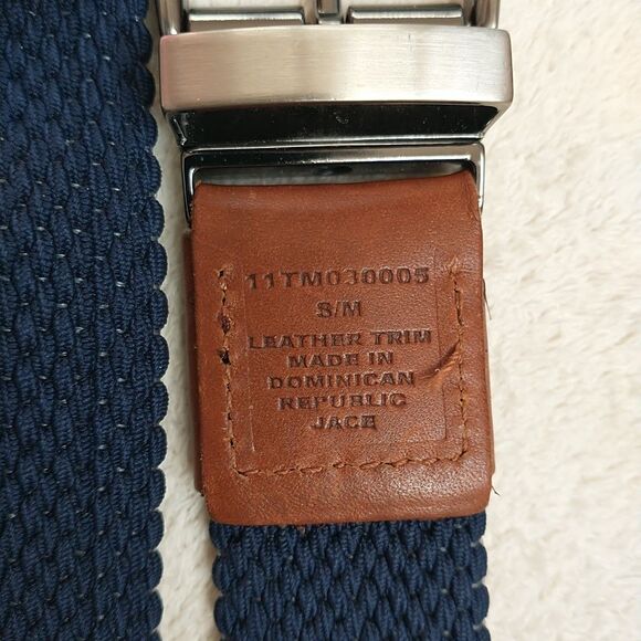 Tommy Bahama Belt Mens S/M Canvas Webbed Woven Navy Brown Leather - Picture 7 of 8